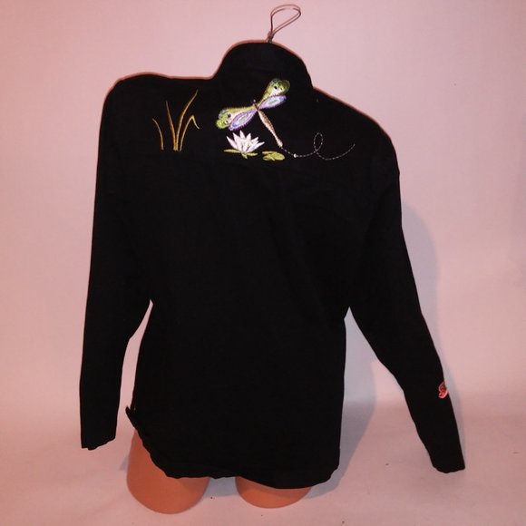 Quacker Factory Jacket Womens Large Black Embroidered Colorful Dragonfly Long Sl - Picture 13 of 16